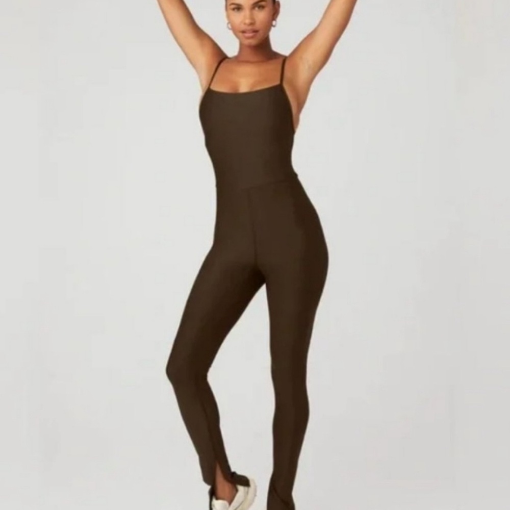 Alo Yoga Airlift Disco Bodysuit Jumpsuit Brown Ankle Slit Size Large